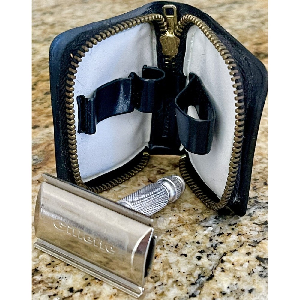 AWESOME VINTAGE 1967 Gillette Nickel Travel Safety Razor Set + Zipper Case